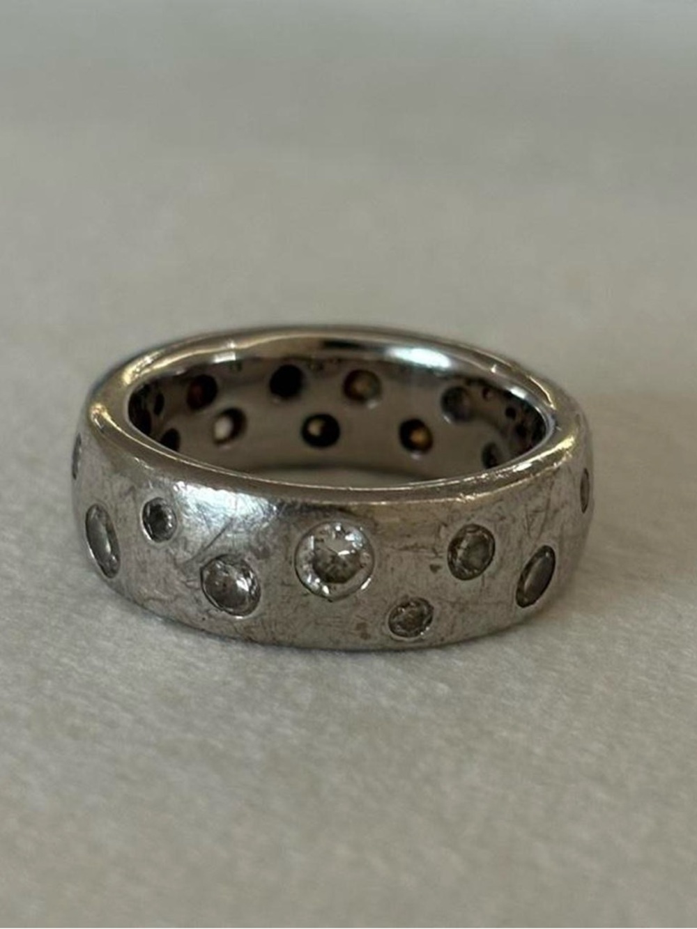 Vintage CC 925 Sterling Silver Polka Dot CZ Gems Flush Set Wide Band Ring Size 7
